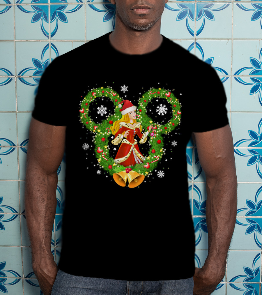 Aurora Christmas Wreath With Santa Hat And Bells Mickey Icon Snowflakes T-Shirt