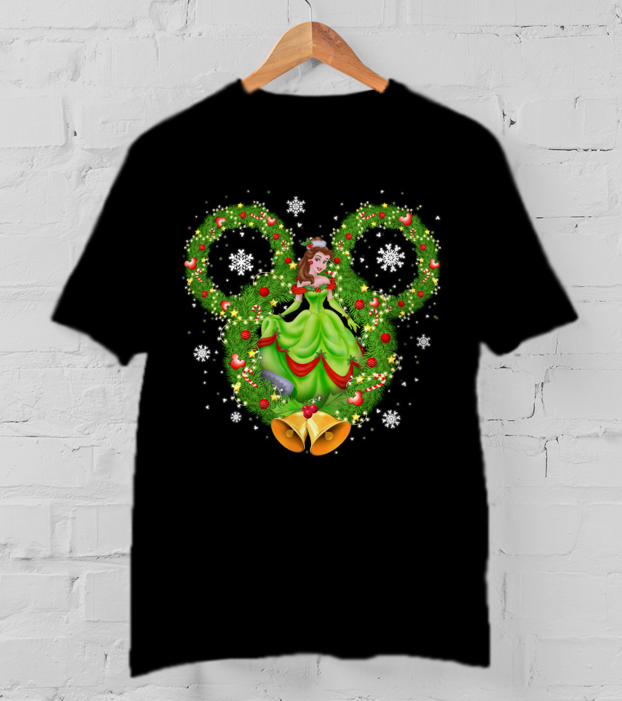 Belle Christmas Wreath Mickey Ears Snowflakes And Bells T-Shirt