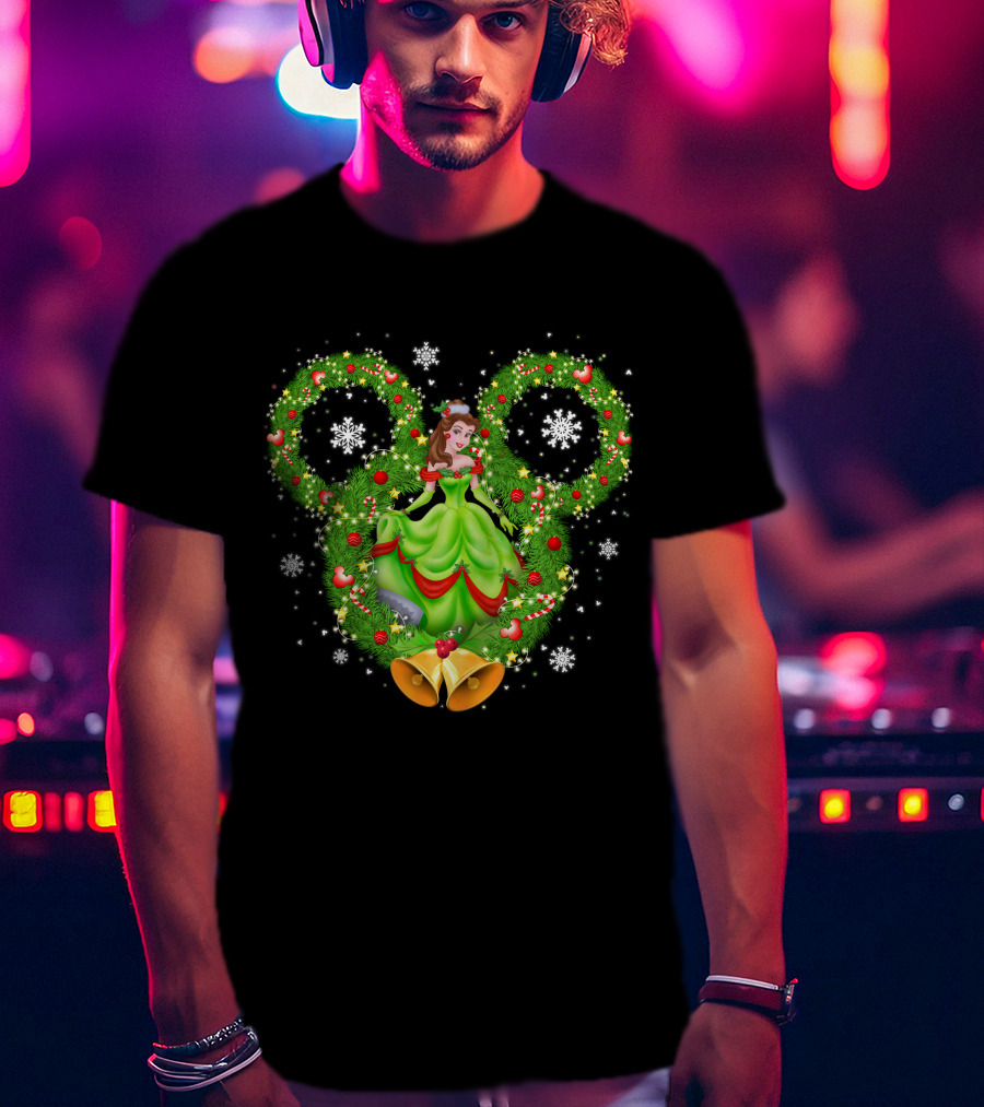 Belle Christmas Wreath Mickey Ears Snowflakes And Bells T-Shirt