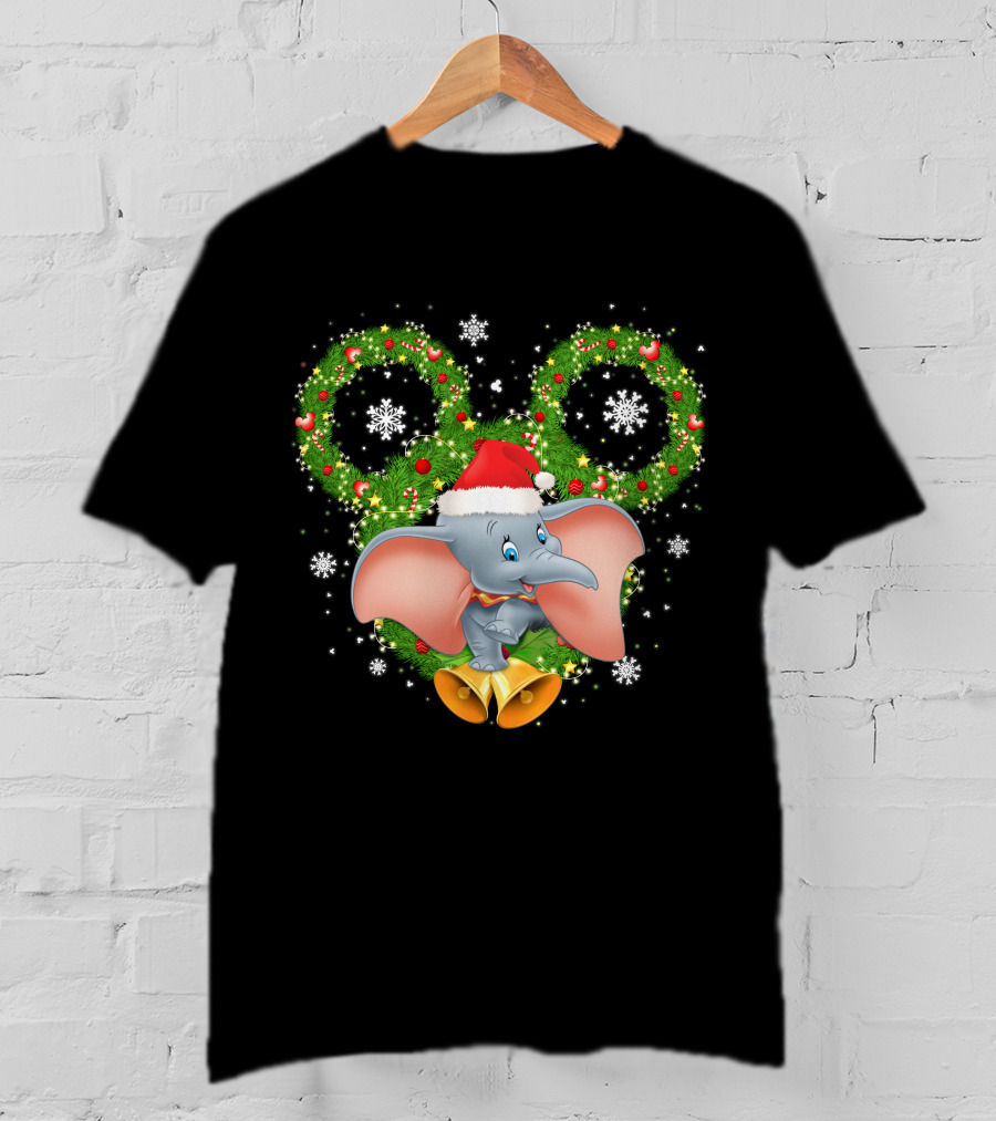 Dumbo Christmas Santa Hat Holiday Wreath Snowflakes T-Shirt