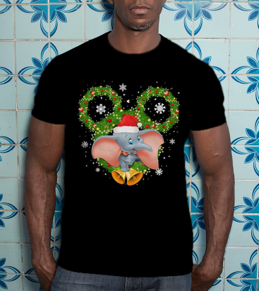 Dumbo Christmas Santa Hat Holiday Wreath Snowflakes T-Shirt