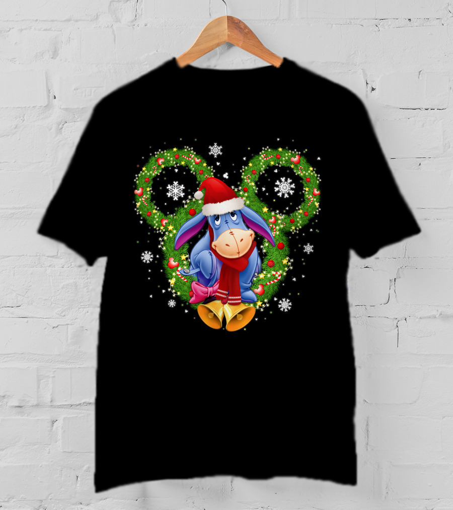 Eeyore Christmas Mickey Ears Wreath Snowflakes Santa Hat T-Shirt
