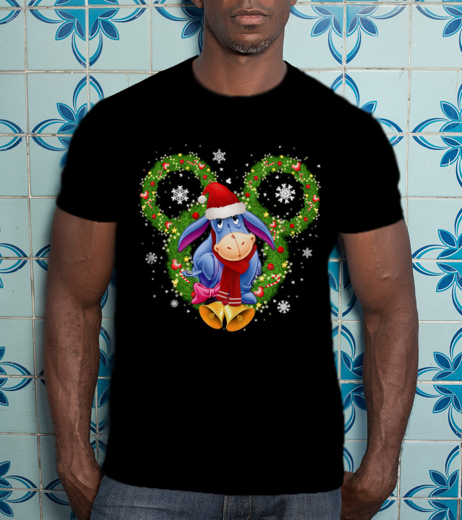 Eeyore Christmas Mickey Ears Wreath Snowflakes Santa Hat T-Shirt