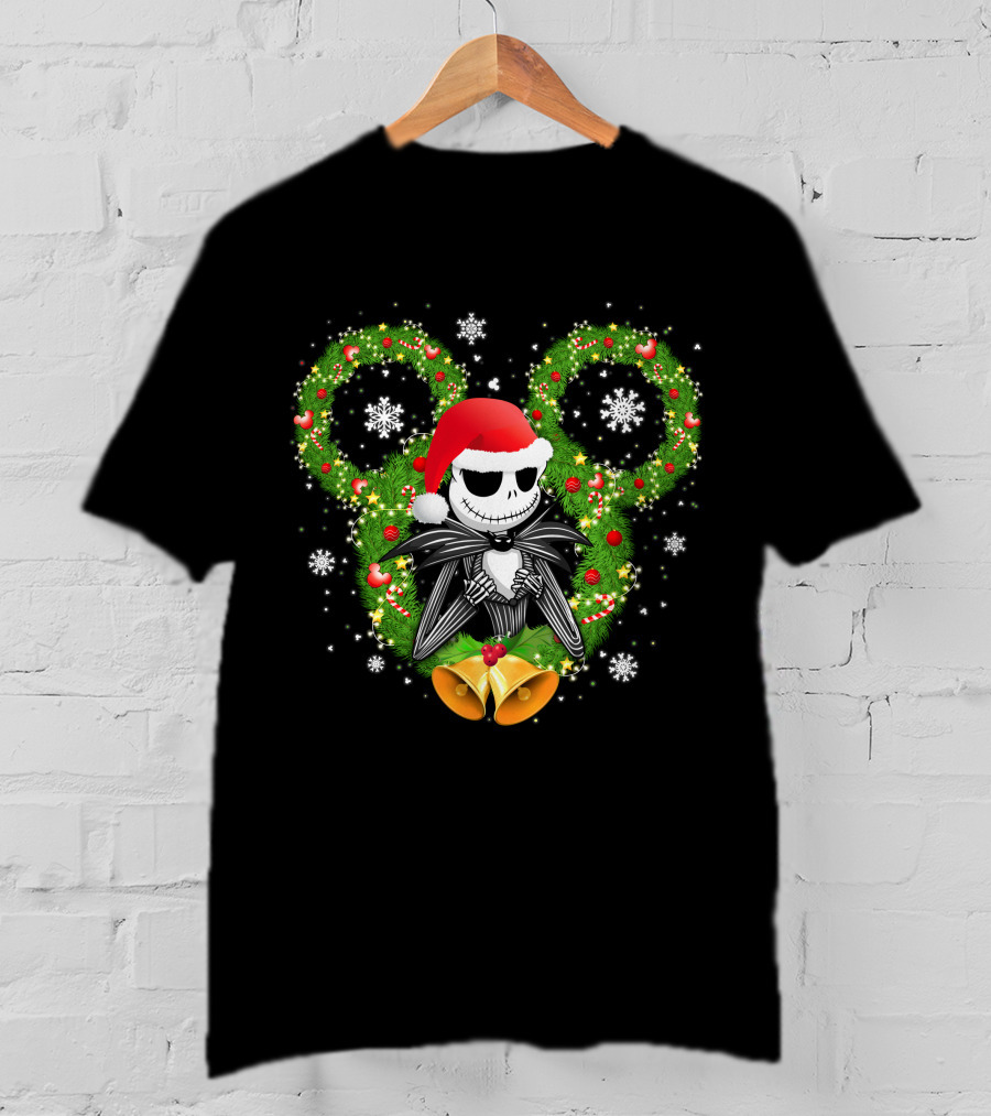 Jack Skellington Santa Hat Christmas Wreath Mickey Ears T-Shirt