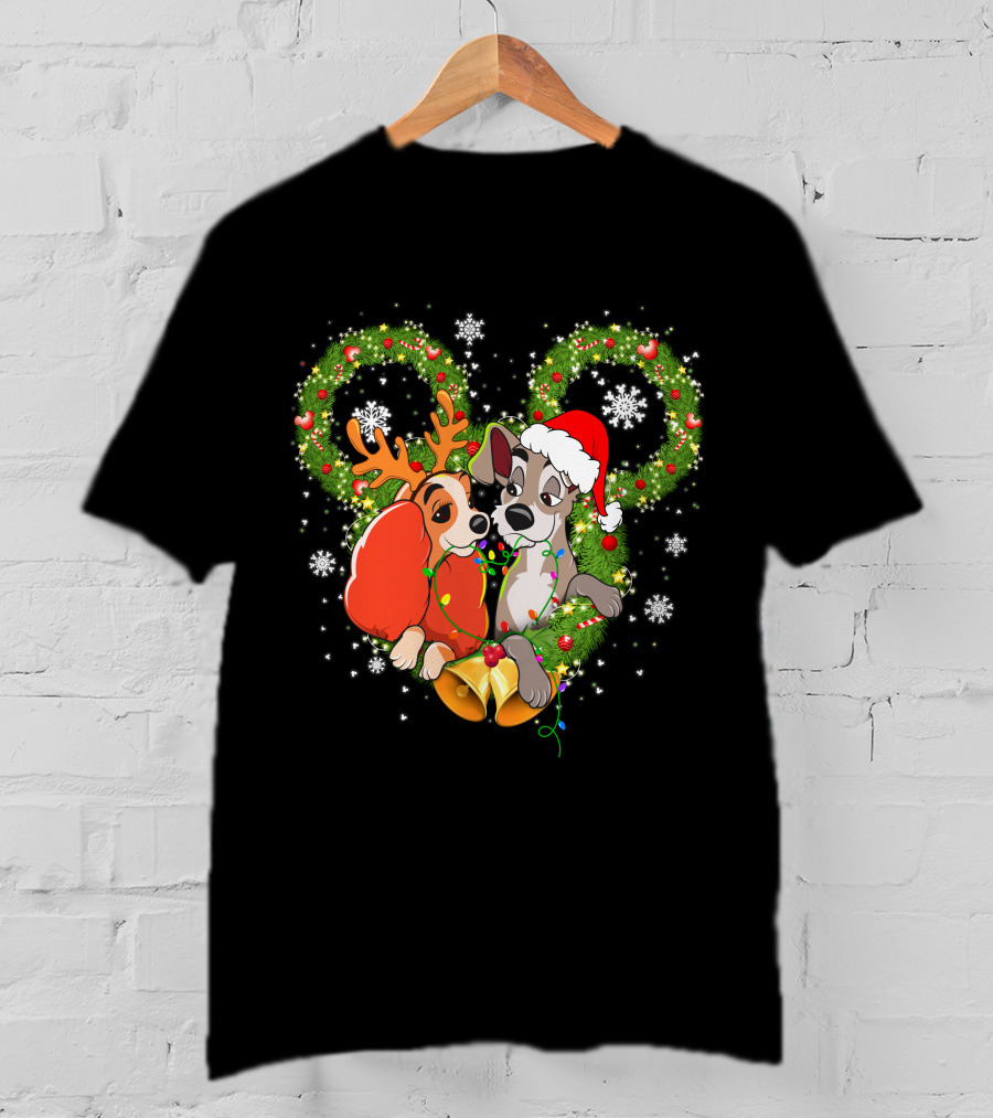 Lady And The Tramp Christmas Wreath Mickey Ears Snowflakes T-Shirt