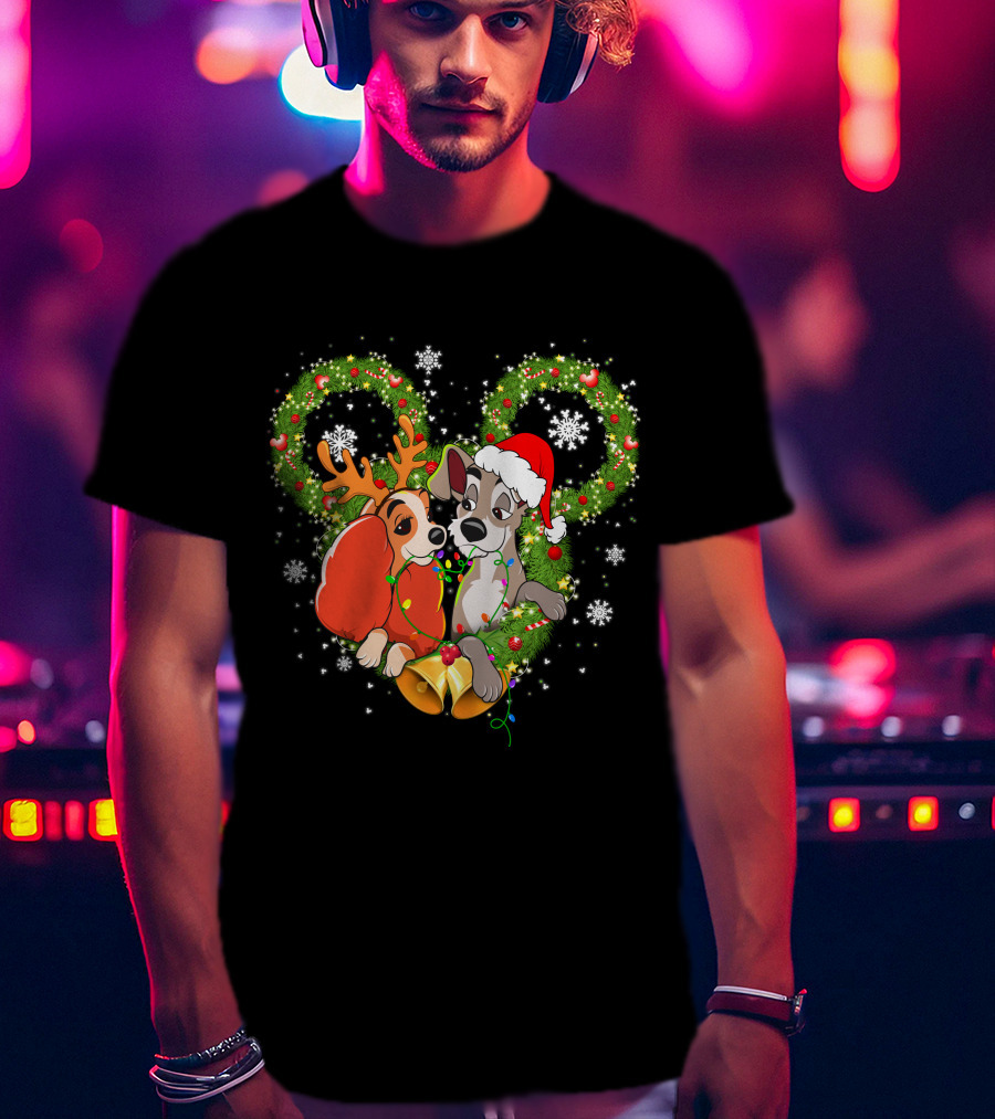 Lady And The Tramp Christmas Wreath Mickey Ears Snowflakes T-Shirt