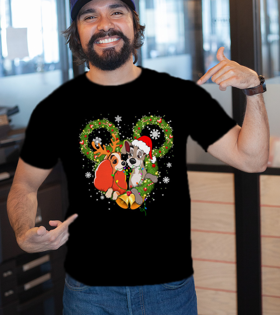 Lady And The Tramp Christmas Wreath Mickey Ears Snowflakes T-Shirt