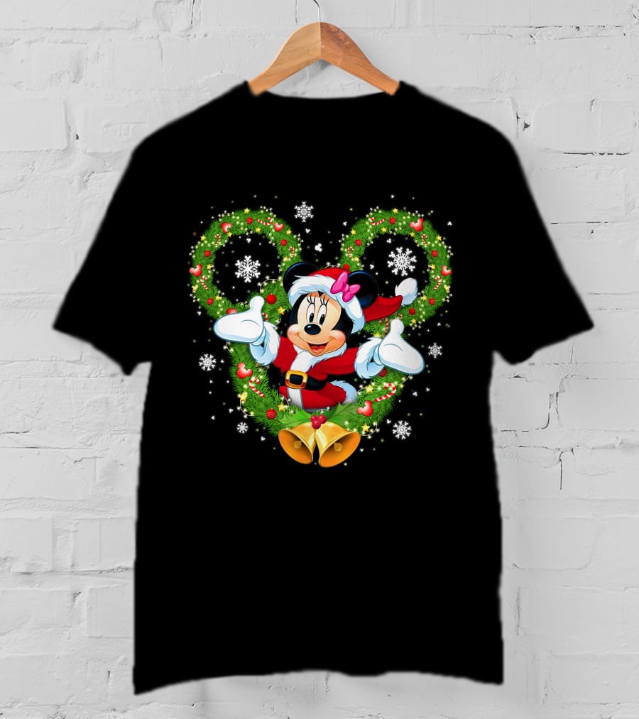 Minnie Mouse Christmas Wreath Santa Snowflakes Bow Bells T-Shirt