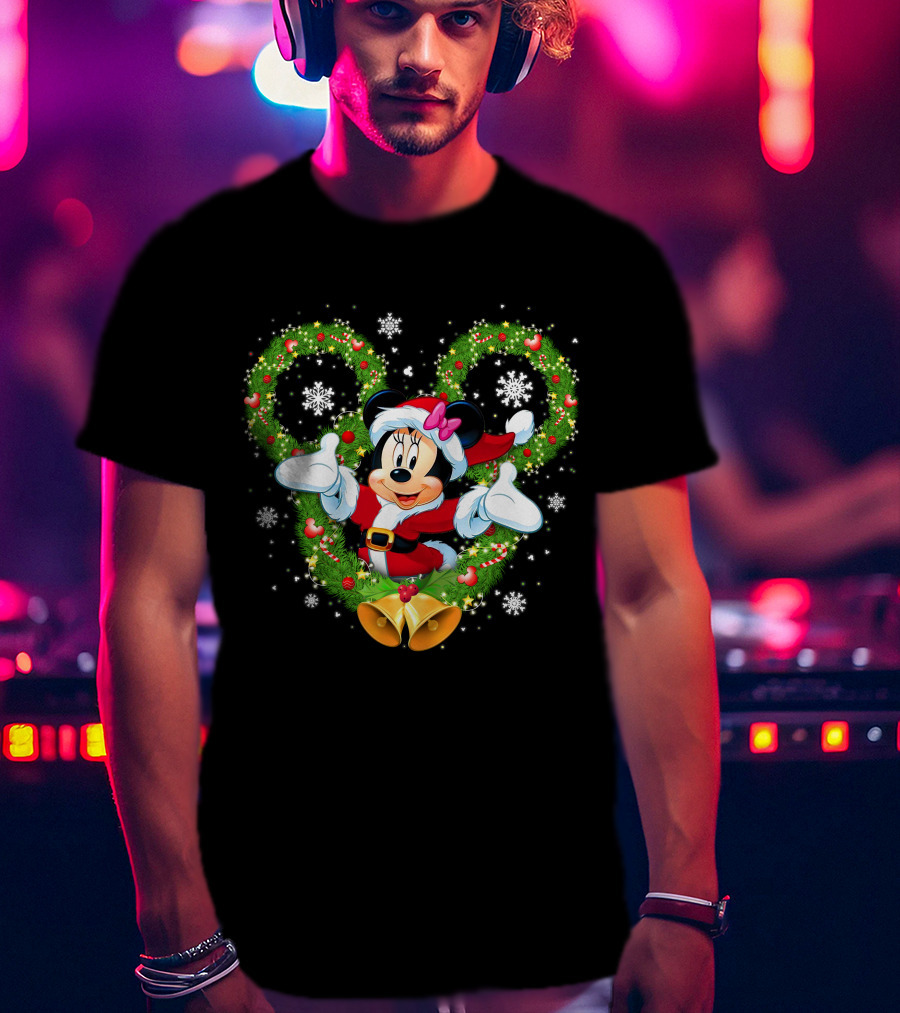 Minnie Mouse Christmas Wreath Santa Snowflakes Bow Bells T-Shirt