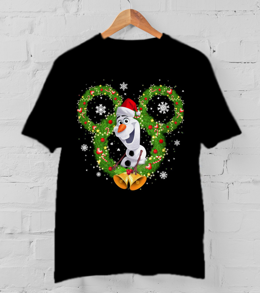 Olaf Frozen Christmas Mickey Wreath With Snowflakes And Santa Hat T-Shirt