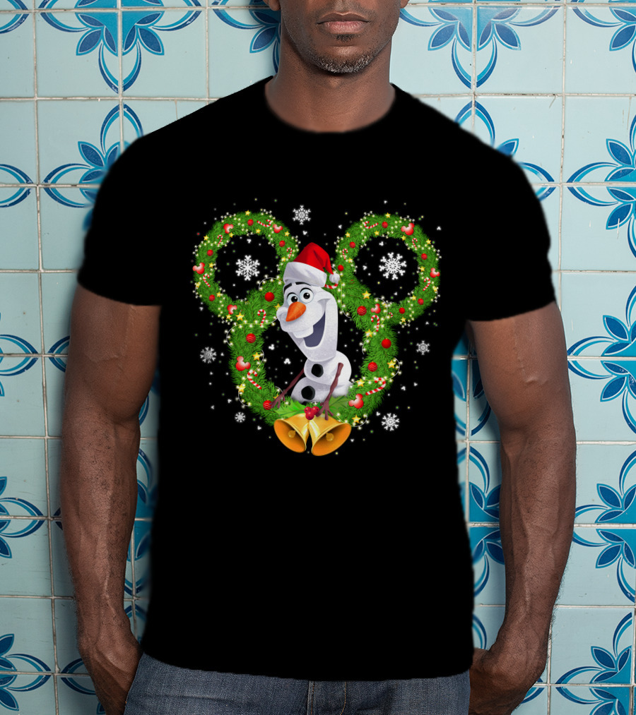 Olaf Frozen Christmas Mickey Wreath With Snowflakes And Santa Hat T-Shirt