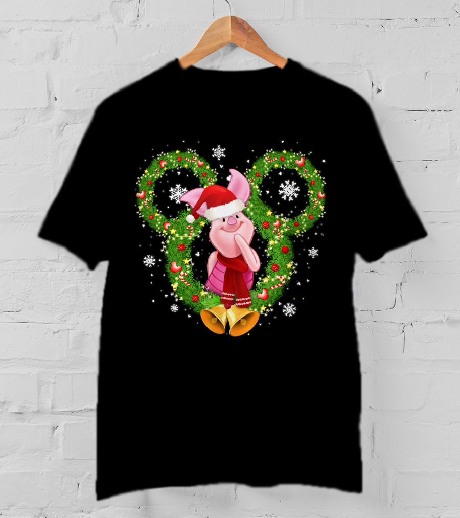 Piglet Christmas Wreath Mickey Mouse Ears Snowflakes Santa Hat T-Shirt