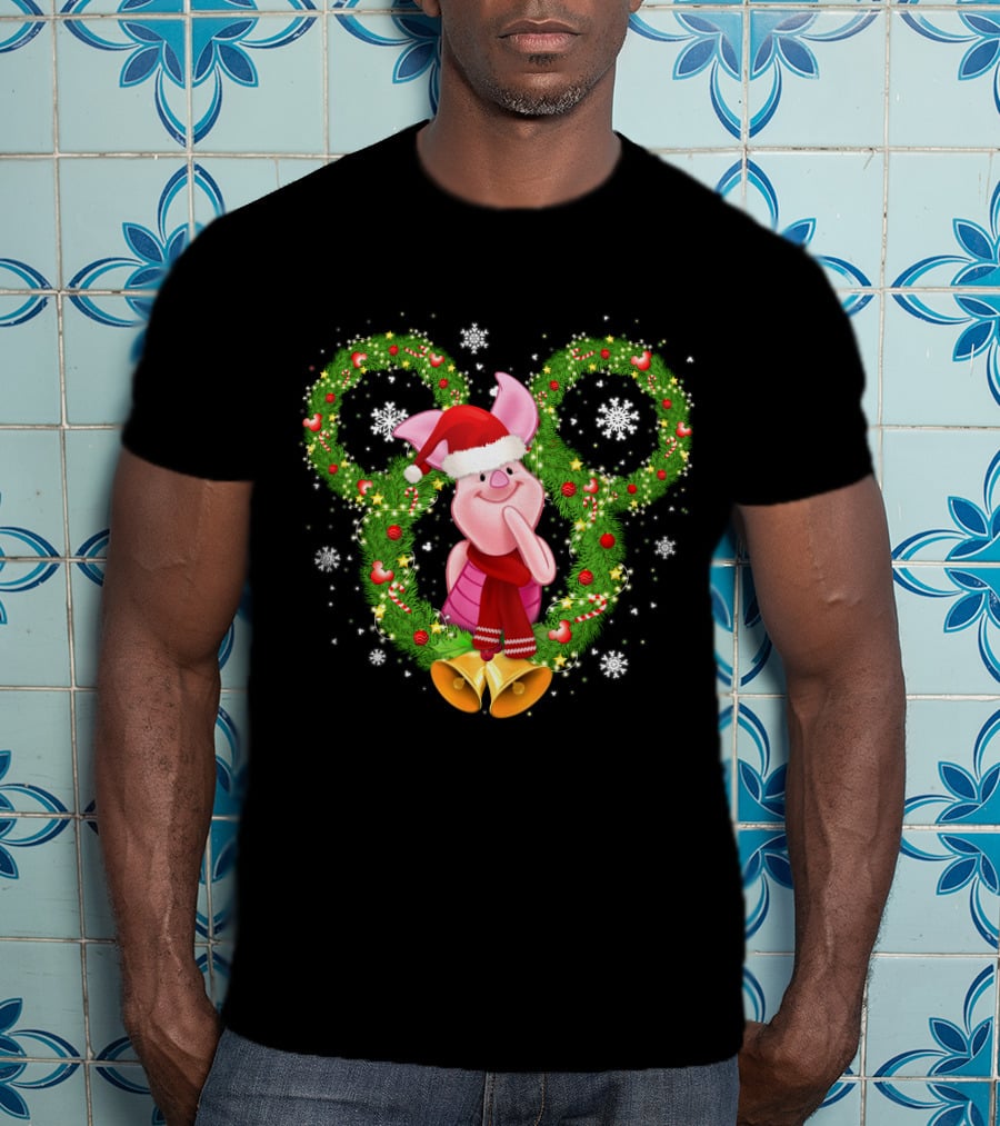 Piglet Christmas Wreath Mickey Mouse Ears Snowflakes Santa Hat T-Shirt