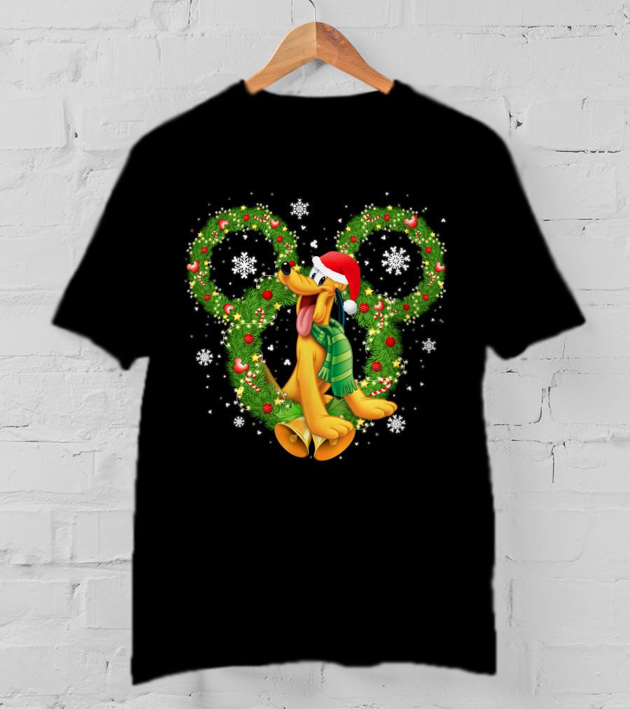 Pluto Christmas Wreath Snowflakes Santa Hat Holiday Disney T-Shirt