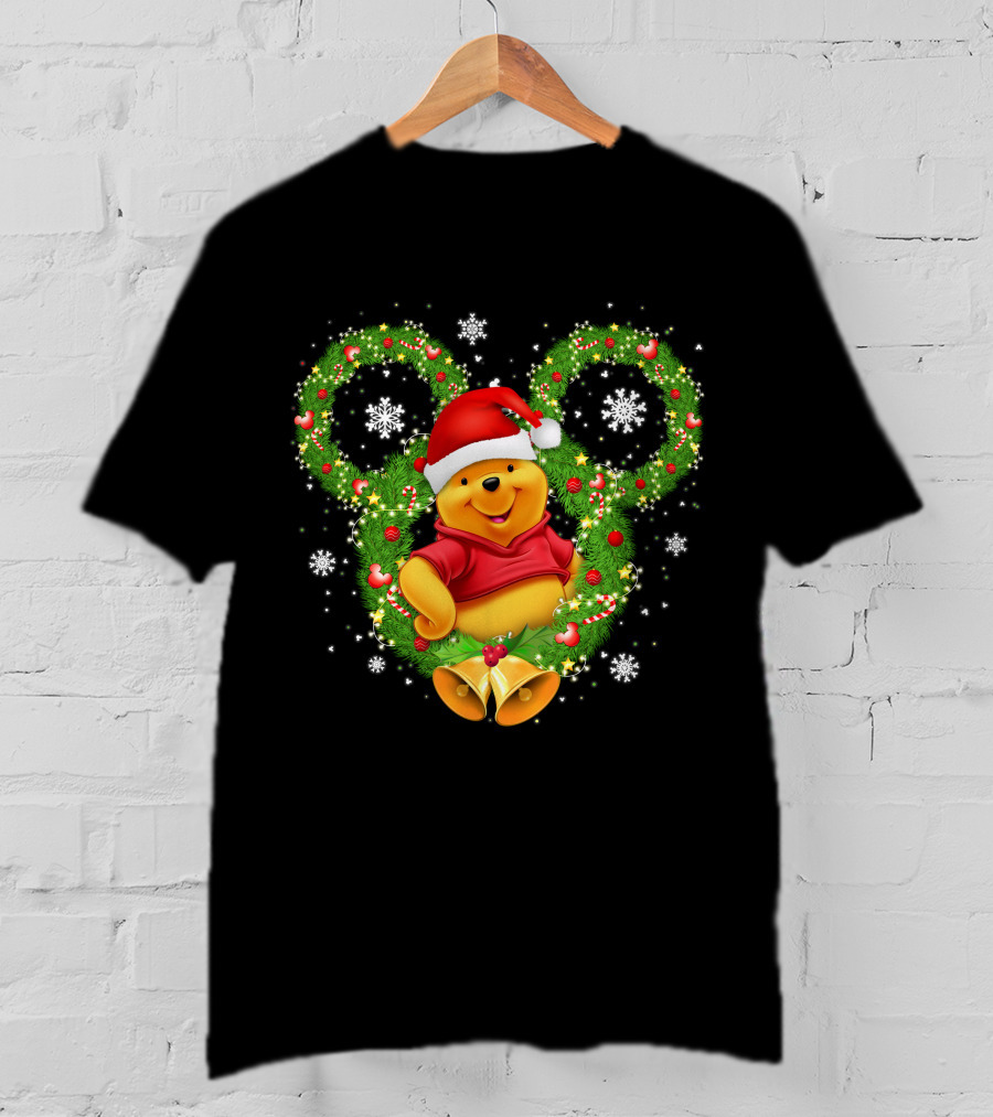 Winnie The Pooh Christmas Mickey Wreath Santa Hat Snowflakes T-Shirt