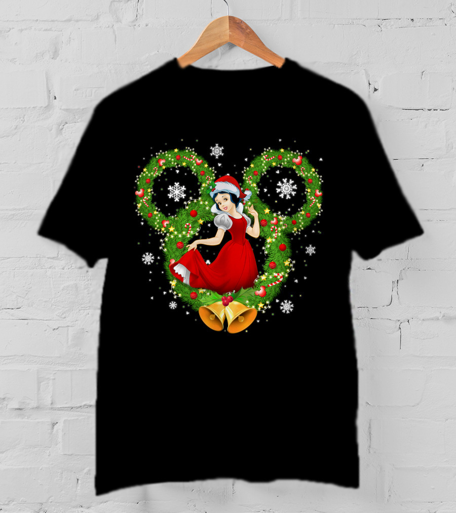 Snow White Christmas Wreath With Mickey Ears And Holiday Bells T-Shirt