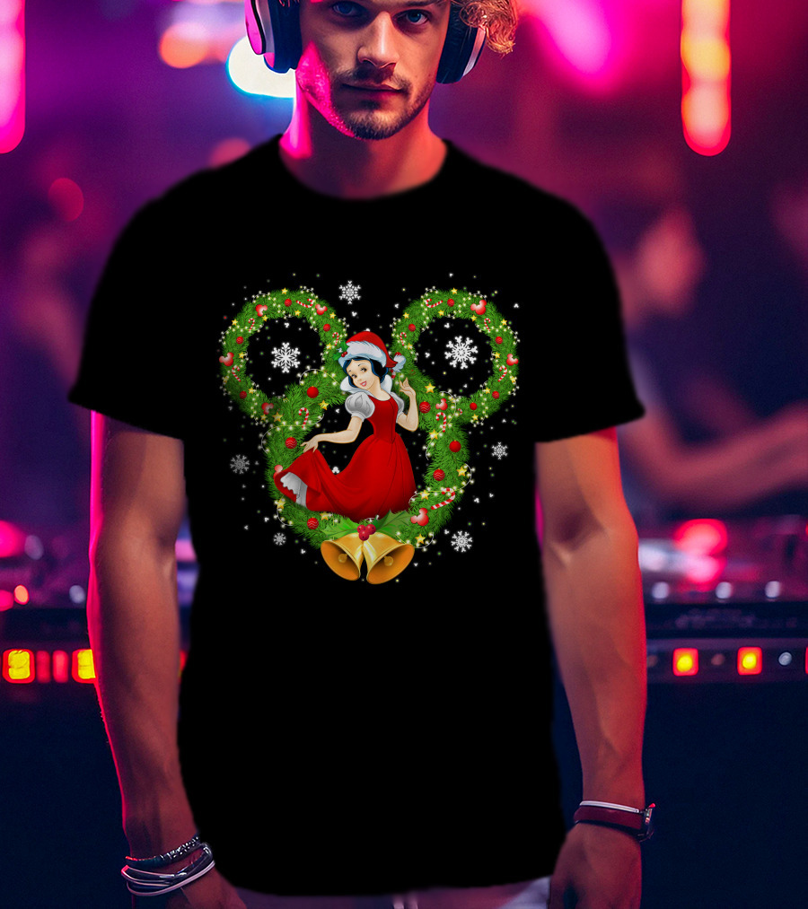 Snow White Christmas Wreath With Mickey Ears And Holiday Bells T-Shirt
