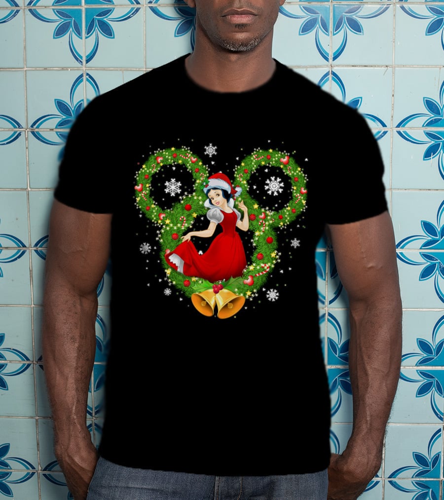 Snow White Christmas Wreath With Mickey Ears And Holiday Bells T-Shirt