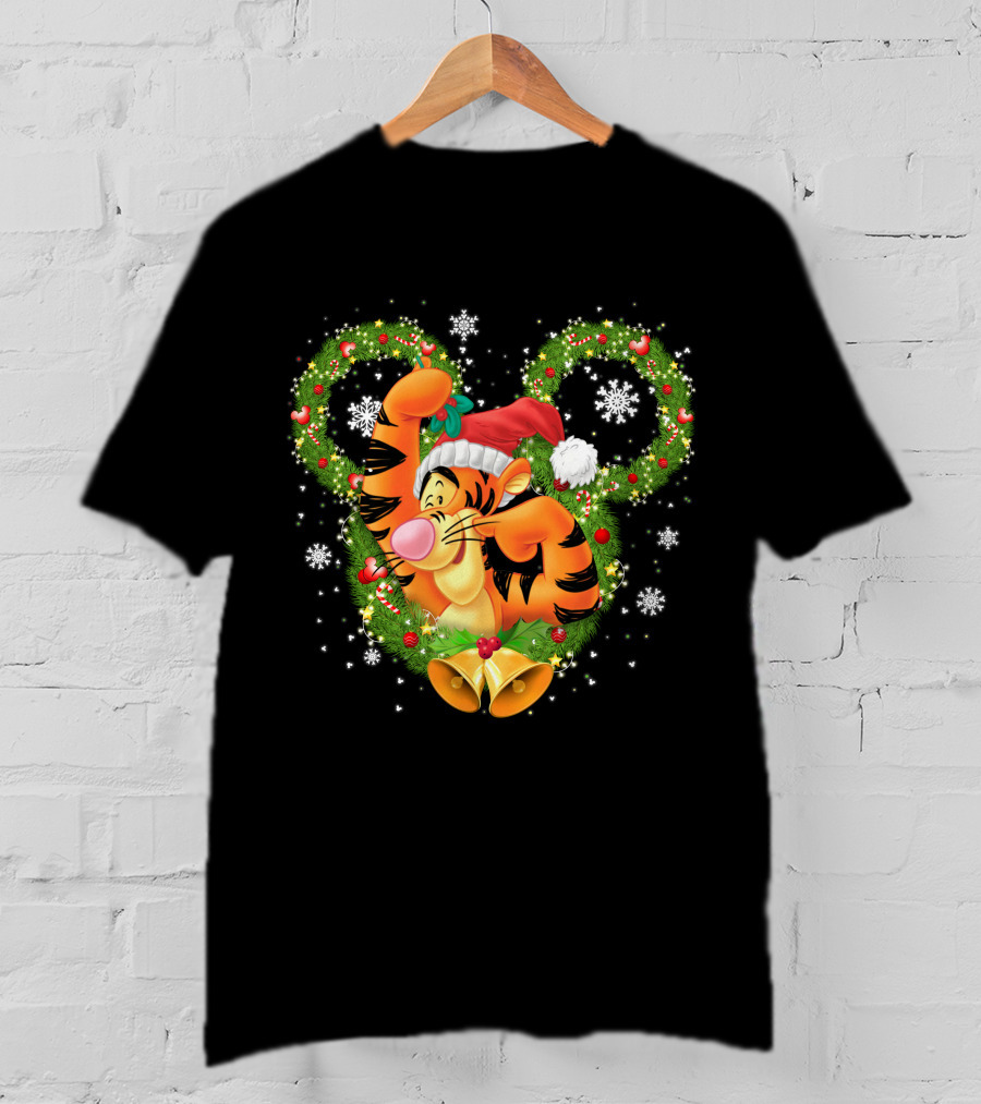 Tigger Christmas Mickey Ears Snowflakes Santa Hat Wreath T-Shirt
