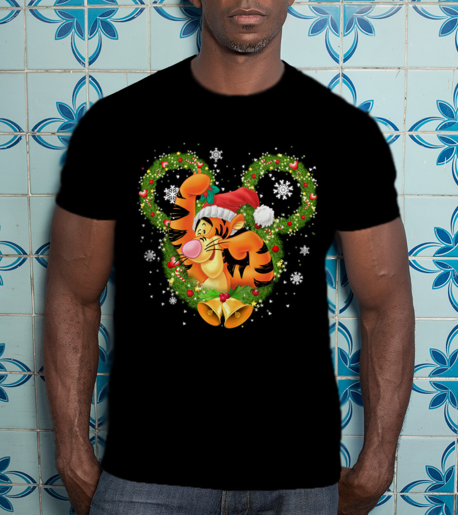 Tigger Christmas Mickey Ears Snowflakes Santa Hat Wreath T-Shirt