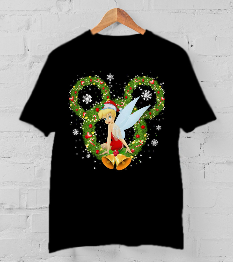 Tinker Bell Christmas Wreath With Santa Hat And Snowflakes T-Shirt