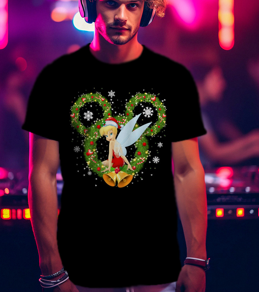 Tinker Bell Christmas Wreath With Santa Hat And Snowflakes T-Shirt