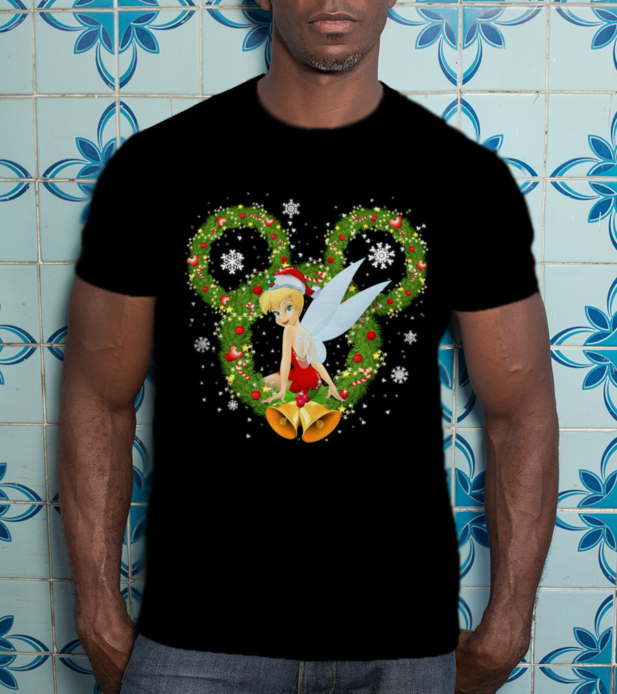 Tinker Bell Christmas Wreath With Santa Hat And Snowflakes T-Shirt