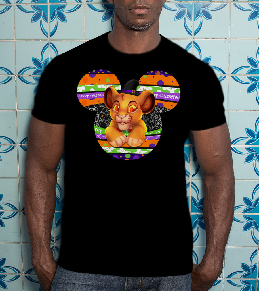 Simba Happy Halloween Mickey Mouse Ears Black Hat Spider Web Stripes T-Shirt
