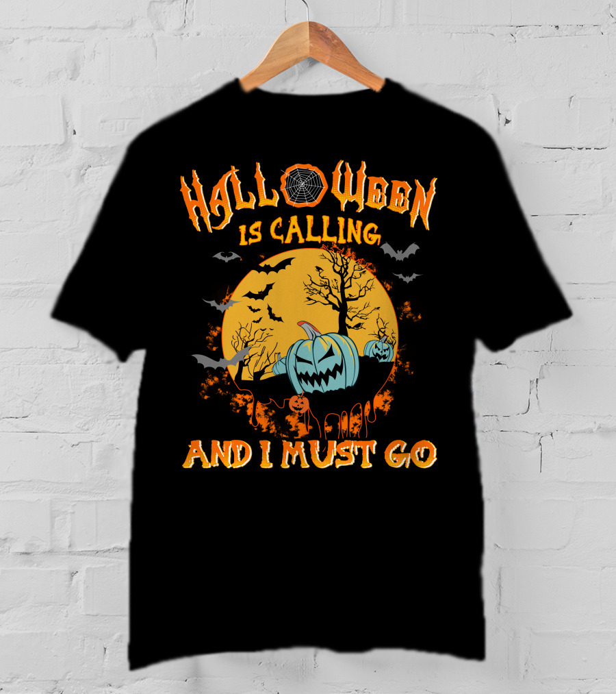 Halloween Is Calling And I Must Go Spooky Moon And Pumpkins Scene T-Shirt