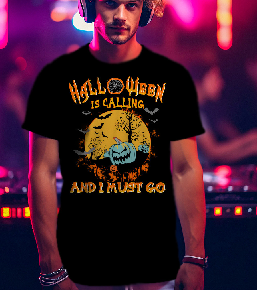 Halloween Is Calling And I Must Go Spooky Moon And Pumpkins Scene T-Shirt