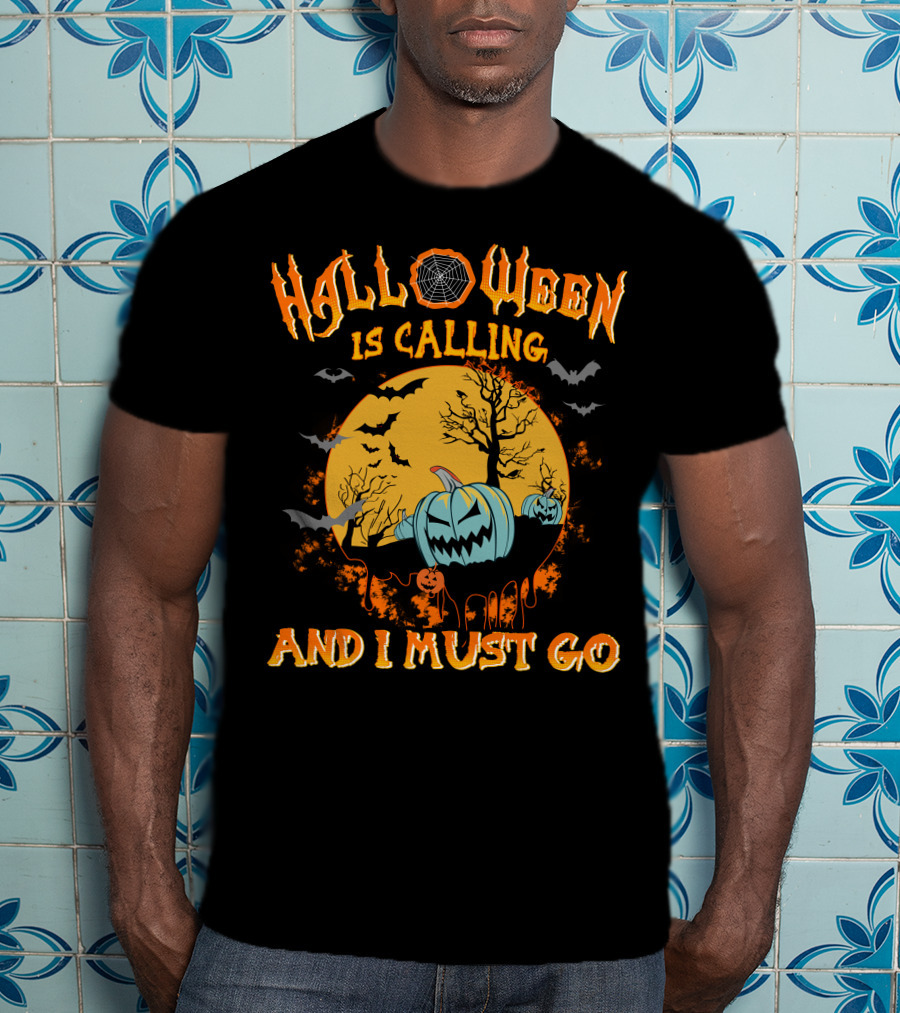 Halloween Is Calling And I Must Go Spooky Moon And Pumpkins Scene T-Shirt