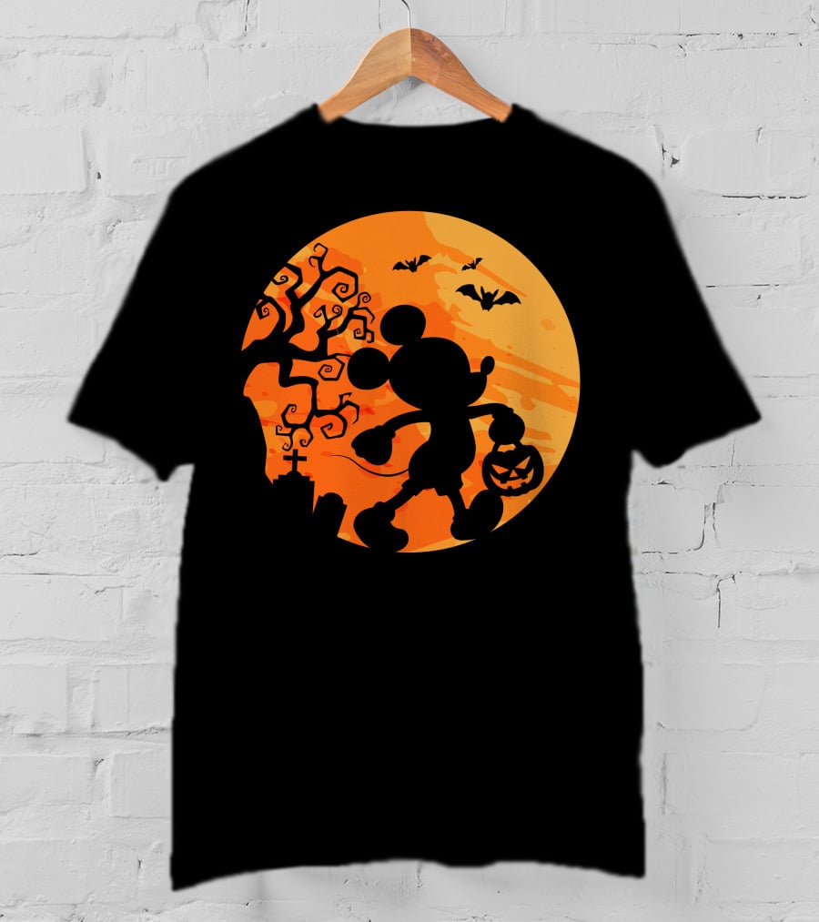 Halloween 54 Mickey Mouse Silhouette With Pumpkin And Bats T-Shirt