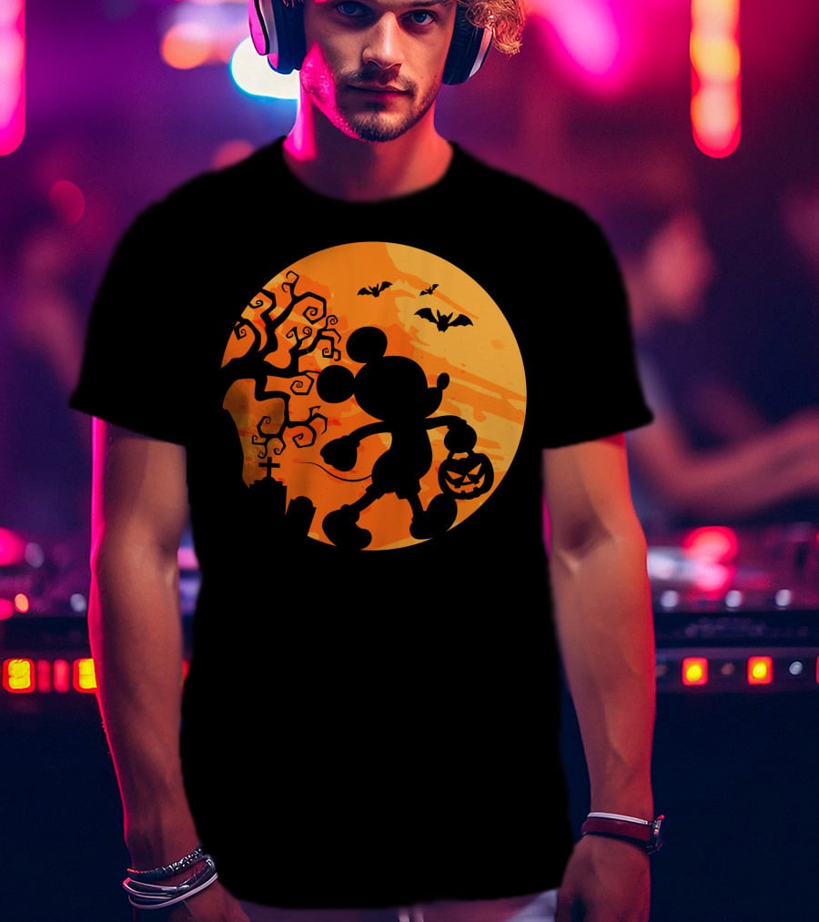 Halloween 54 Mickey Mouse Silhouette With Pumpkin And Bats T-Shirt
