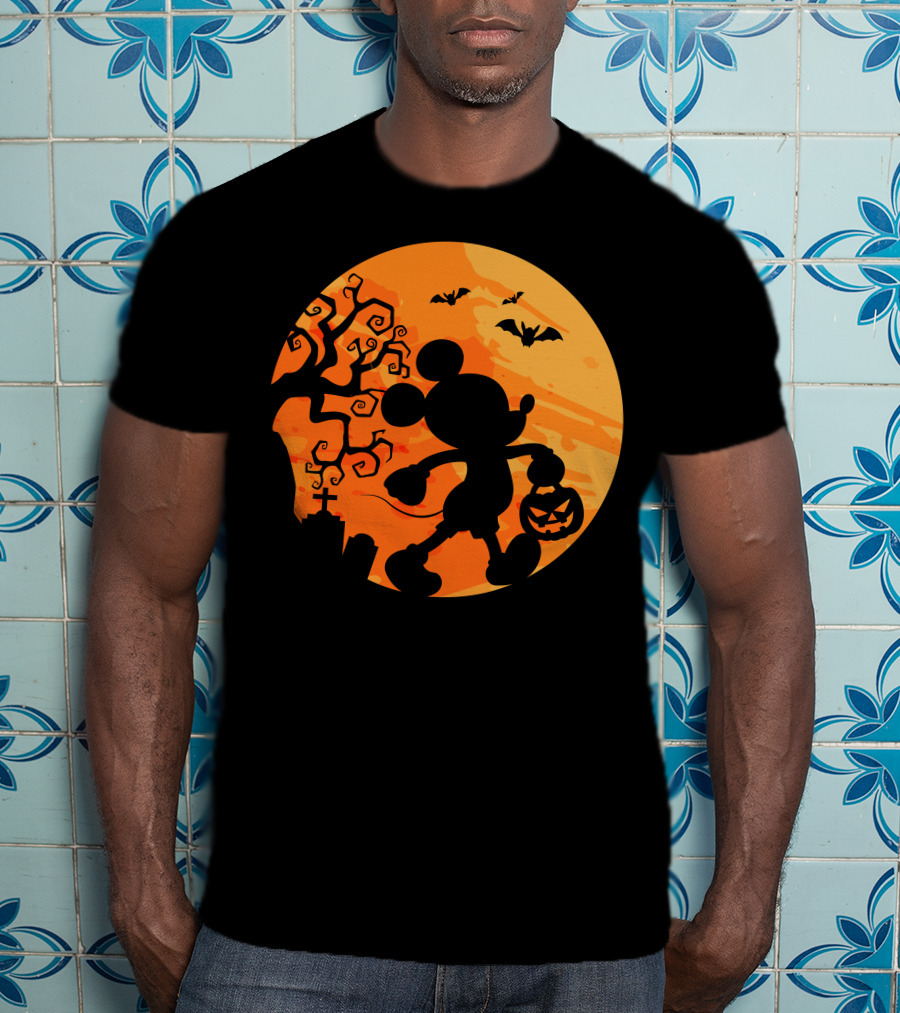 Halloween 54 Mickey Mouse Silhouette With Pumpkin And Bats T-Shirt