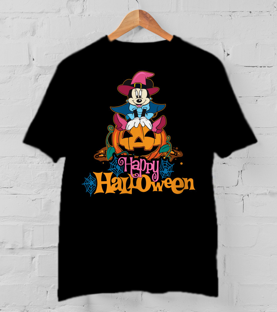 Happy Halloween 63 Mickey Mouse On Jack-O'-Lantern With Witch Hat And Spider Webs T-Shirt