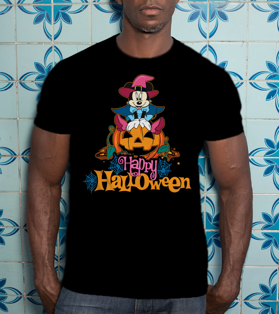 Happy Halloween 63 Mickey Mouse On Jack-O'-Lantern With Witch Hat And Spider Webs T-Shirt