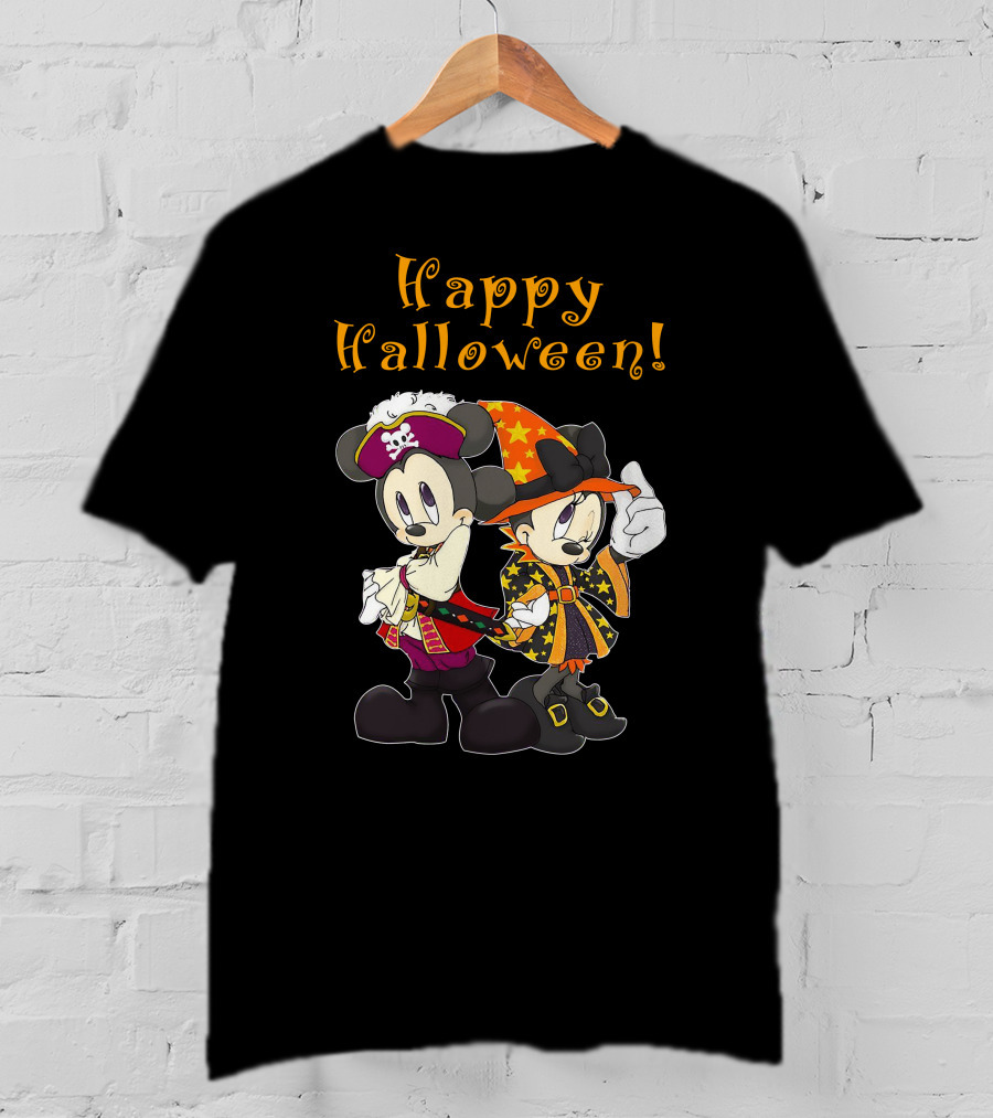 Happy Halloween Mickey And Minnie Mouse Pirate And Witch Costume T-Shirt