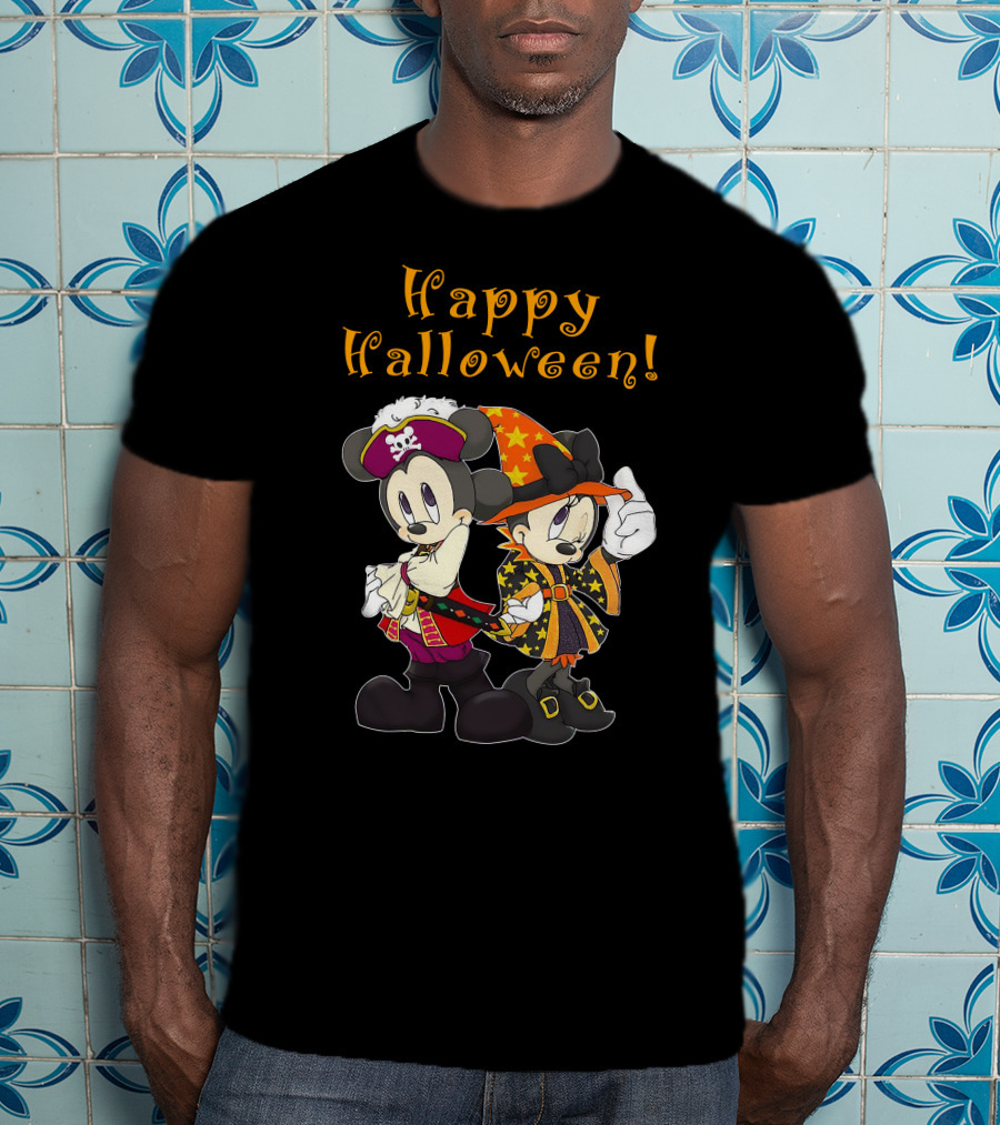 Happy Halloween Mickey And Minnie Mouse Pirate And Witch Costume T-Shirt
