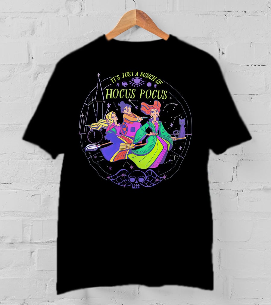 Hocus Pocus It's Just A Bunch Of Witches Flying With Magical Symbols And Black Cat T-Shirt