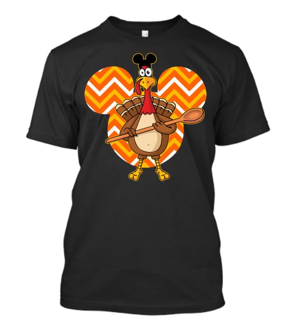 Thanksgiving Turkey With Spoon And Mickey Ears On Chevron T-Shirt