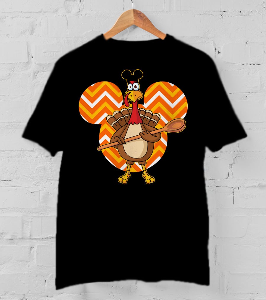 Thanksgiving Turkey With Spoon And Mickey Ears On Chevron T-Shirt