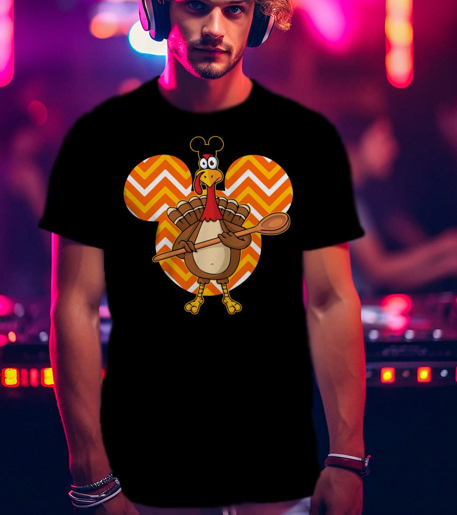 Thanksgiving Turkey With Spoon And Mickey Ears On Chevron T-Shirt