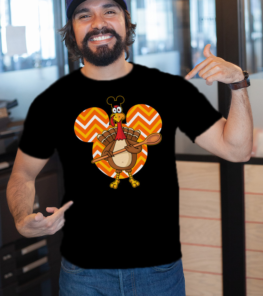 Thanksgiving Turkey With Spoon And Mickey Ears On Chevron T-Shirt