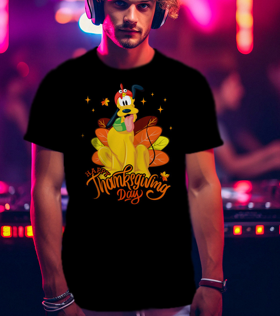 Happy Thanksgiving Day Pluto Turkey Costume Autumn Leaves Stars T-Shirt