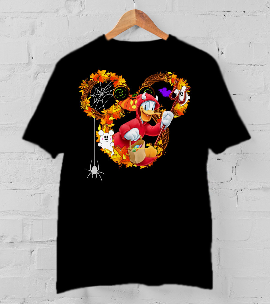 Donald Halloween Devil Costume With Mickey Pumpkin And Autumn Leaves T-Shirt