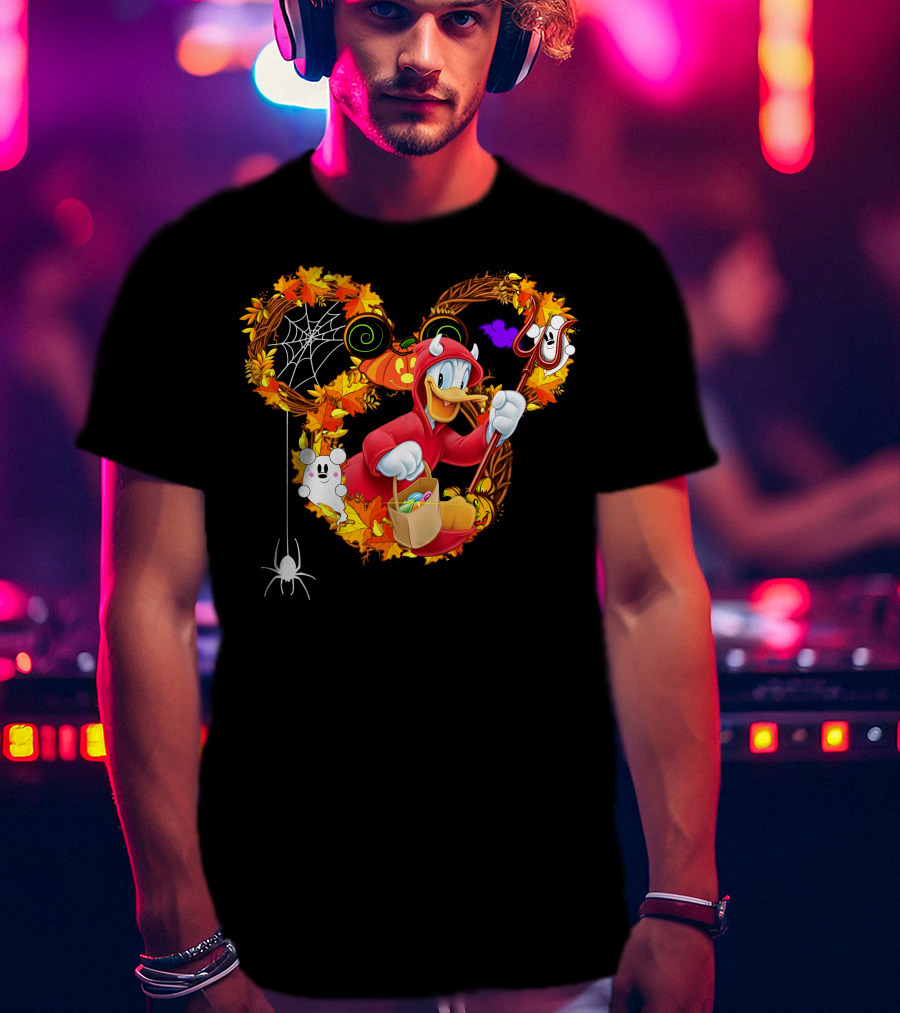 Donald Halloween Devil Costume With Mickey Pumpkin And Autumn Leaves T-Shirt