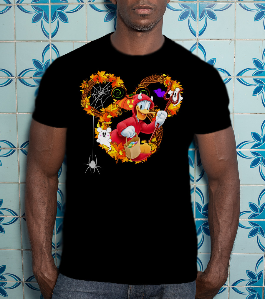 Donald Halloween Devil Costume With Mickey Pumpkin And Autumn Leaves T-Shirt