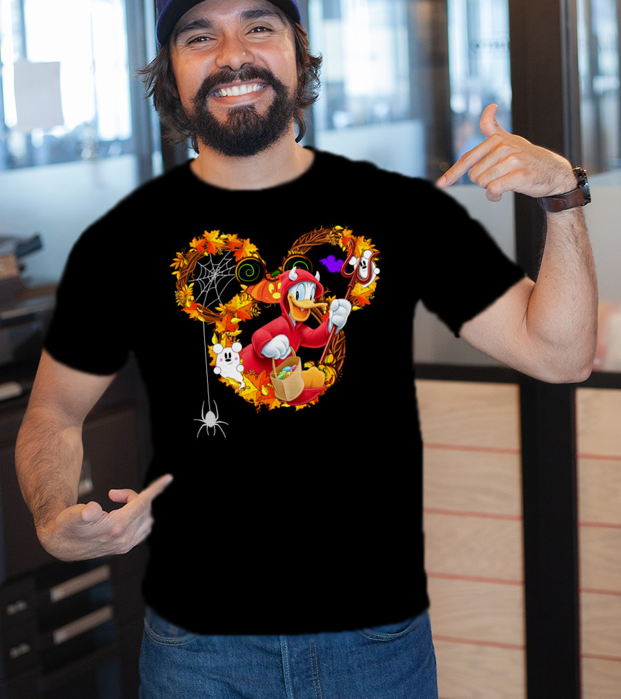 Donald Halloween Devil Costume With Mickey Pumpkin And Autumn Leaves T-Shirt