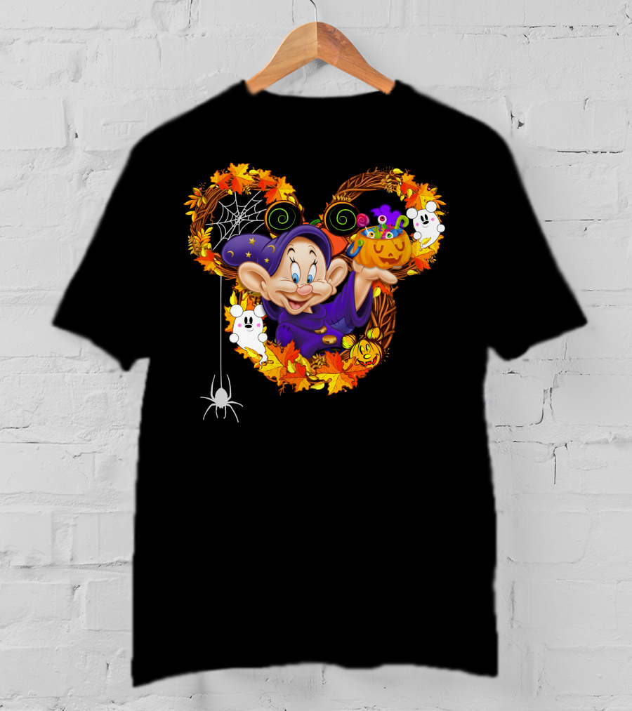 Dopey Halloween Mickey Ears Autumn Leaves Ghosts And Pumpkins T-Shirt