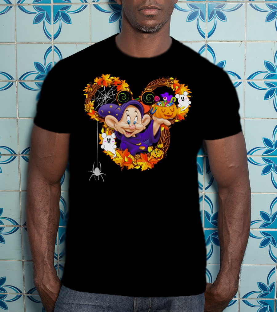 Dopey Halloween Mickey Ears Autumn Leaves Ghosts And Pumpkins T-Shirt